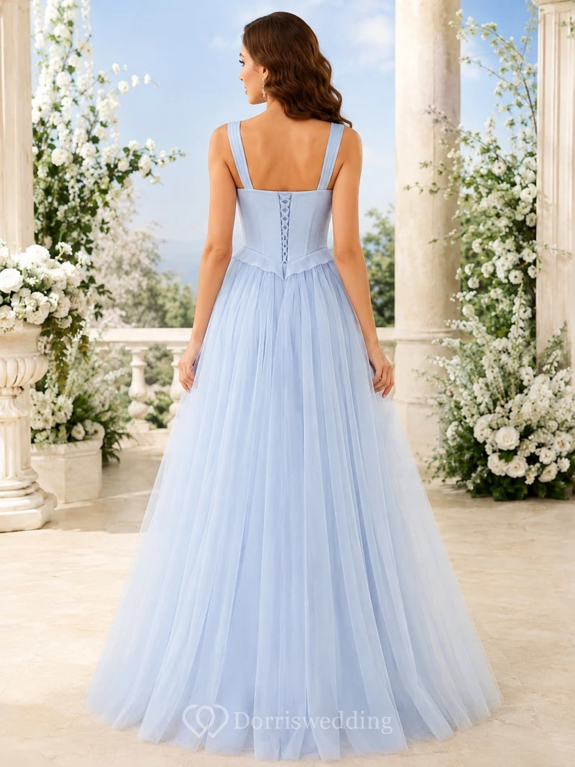Vestido de novia bohemio largo hasta el suelo, de gasa, corte A, sin mangas, con tirantes azul cielo view 2