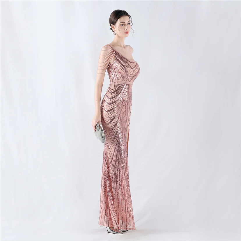 Positioning Flower Beaded Craft Beaded One-Shoulder Oblique Collar High Slit Evening Dress view 15