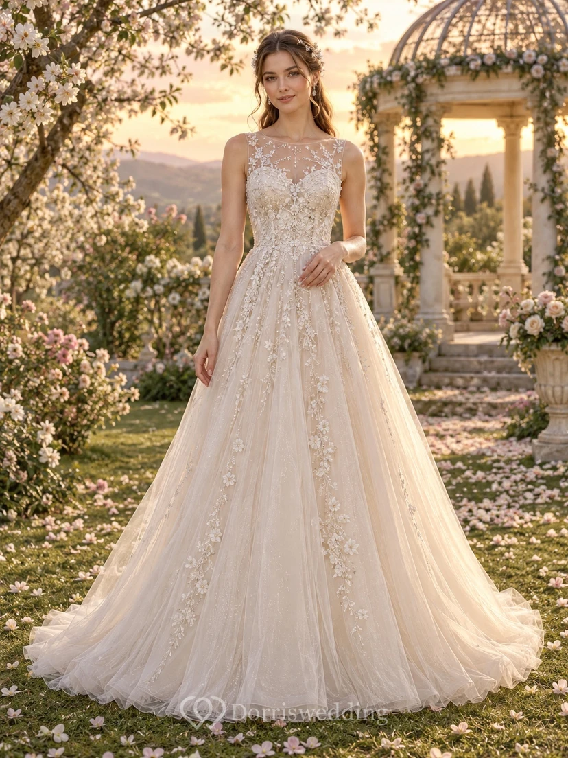 Robe de mariée en tulle à col bijou illusion et sans manches, coupe trapèze, en dentelle florale et tulle, sans manches.