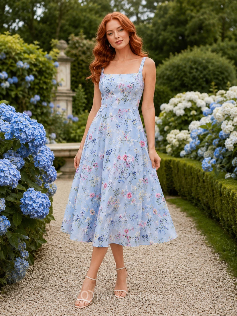 Blue Floral Spaghetti Strap Garden Guest Midi Dress