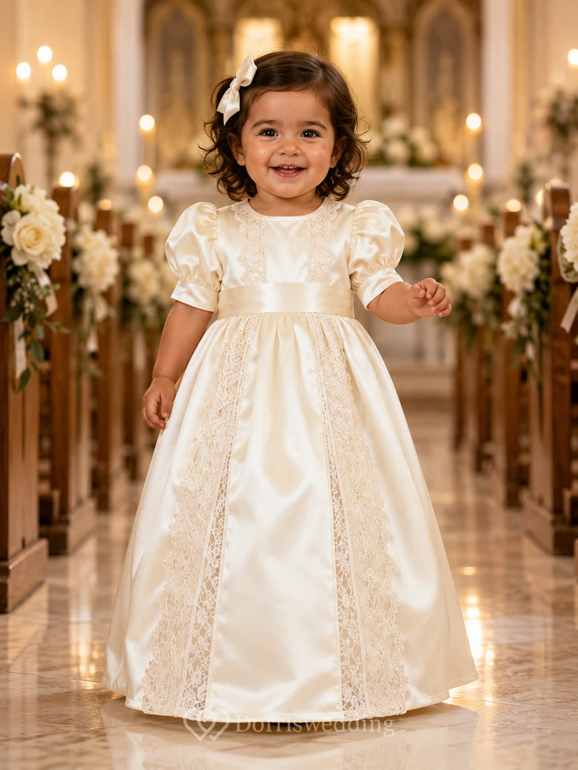 Champagnerfarbenes Taufkleid mit Rundhalsausschnitt, A-Linie, Satin, Spitze, kurze Ärmel