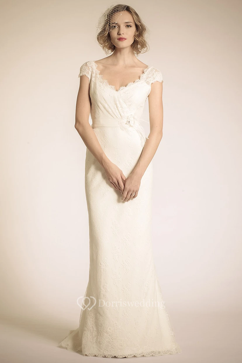 Sheath V-Neck Floor-Length Cap-Sleeve Lace Wedding Dress With Flower And Deep-V Back
