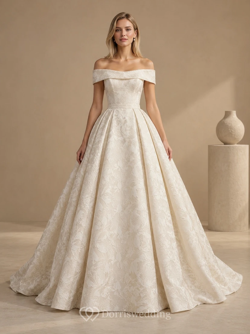 Robe de bal plissée en jacquard à épaules dénudées, longueur au sol
