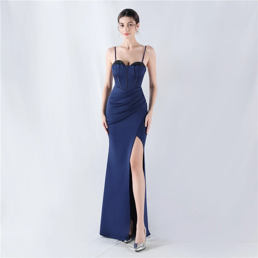 Fishbone Waist Set Crystal Diamond Satin Host Evening Dress view 55