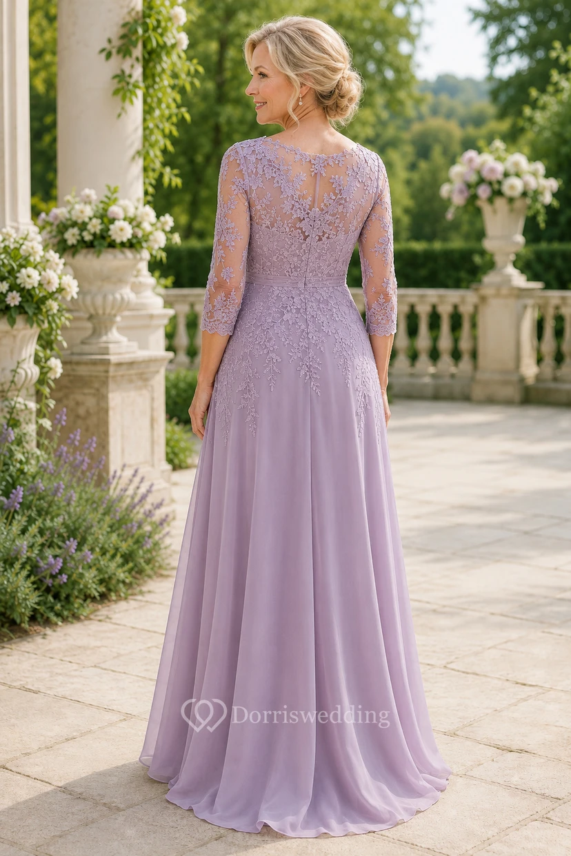Lavender Lace Bodice A-Line Mother Dress With Three Quarter Sleeves view 2