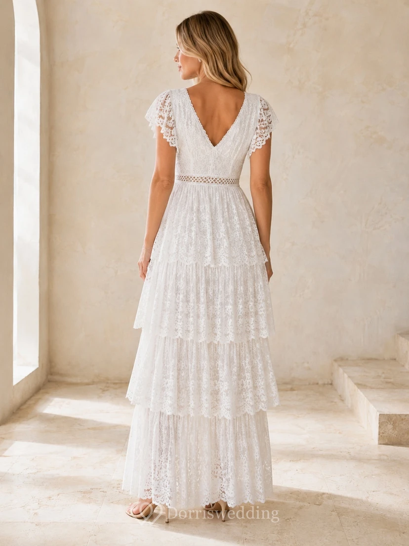 Romantisches, gestuftes Brautkleid aus Tüll in A-Linie mit flatternden Ärmeln, V-Ausschnitt und bodenlangem Schnitt view 2