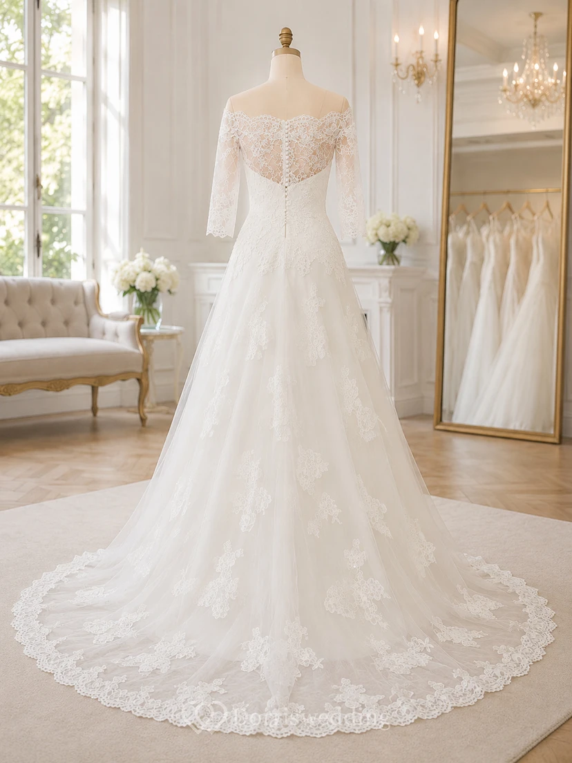 A-Line 3-4-Sleeve Off-The-Shoulder Lace&Tulle Wedding Dress With Illusion view 8