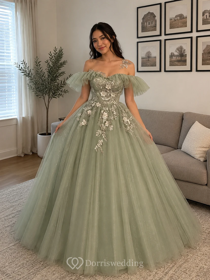 Robe de bal brodée vert clair à épaules dénudées view 9