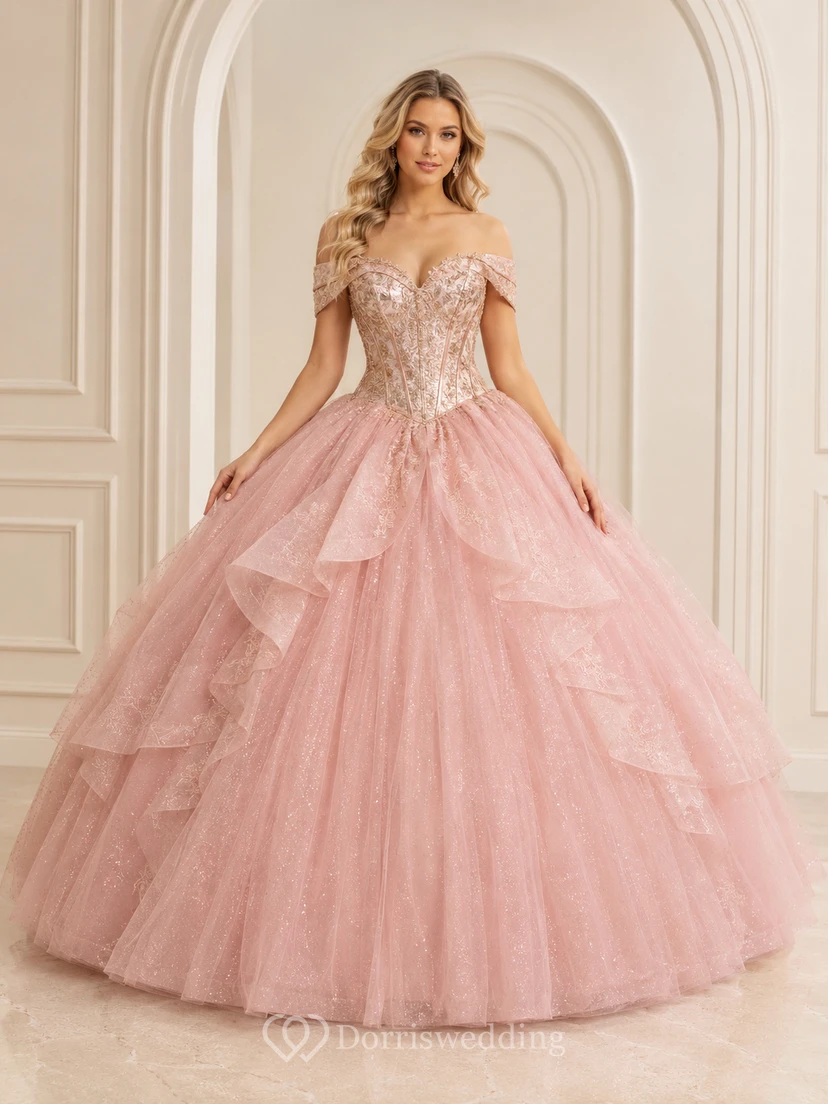 Blushing Pink Rose Gold Off Shoulder Metallic Brocade Quinceanera Princess Ball Gown