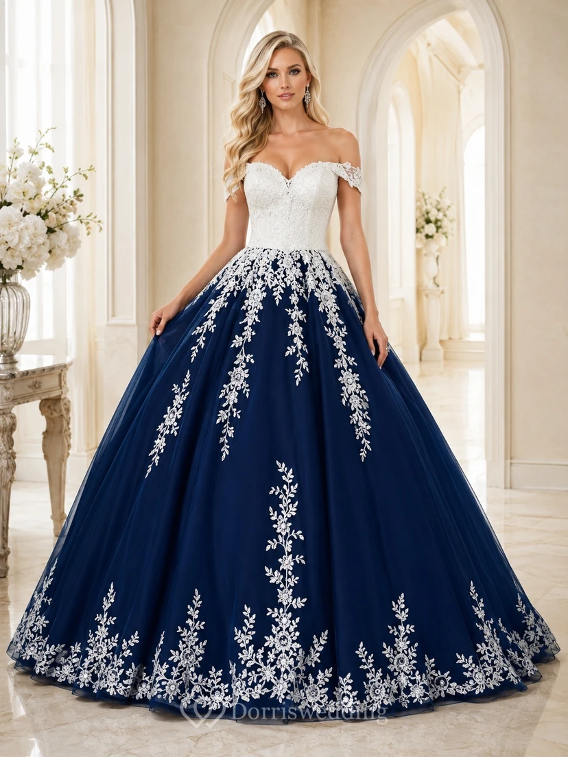 Marineblaues, botanisches Ballkleid mit schulterfreiem Schnitt, kurzen Ärmeln und Tüll-Kapellenhochzeitskleid