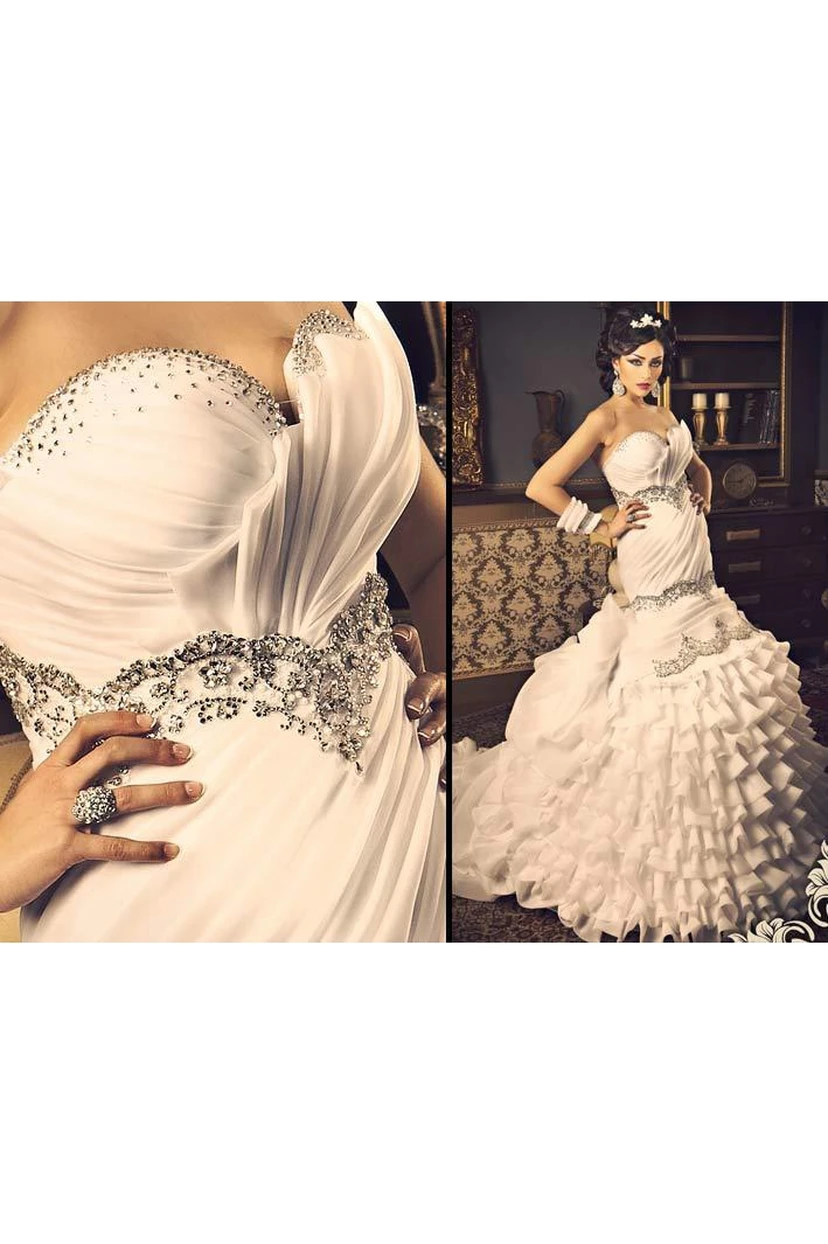 Meerjungfrauen-Hochzeitskleider in Weiß, Glitzer-Organza, neue sexy Abendkleider view 4
