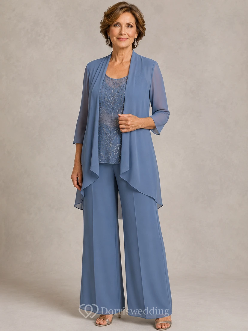 Jumpsuit, knöchellang, Rundhalsausschnitt, 3/4-Ärmel, Chiffon, Mutter-Jumpsuit mit Jacke