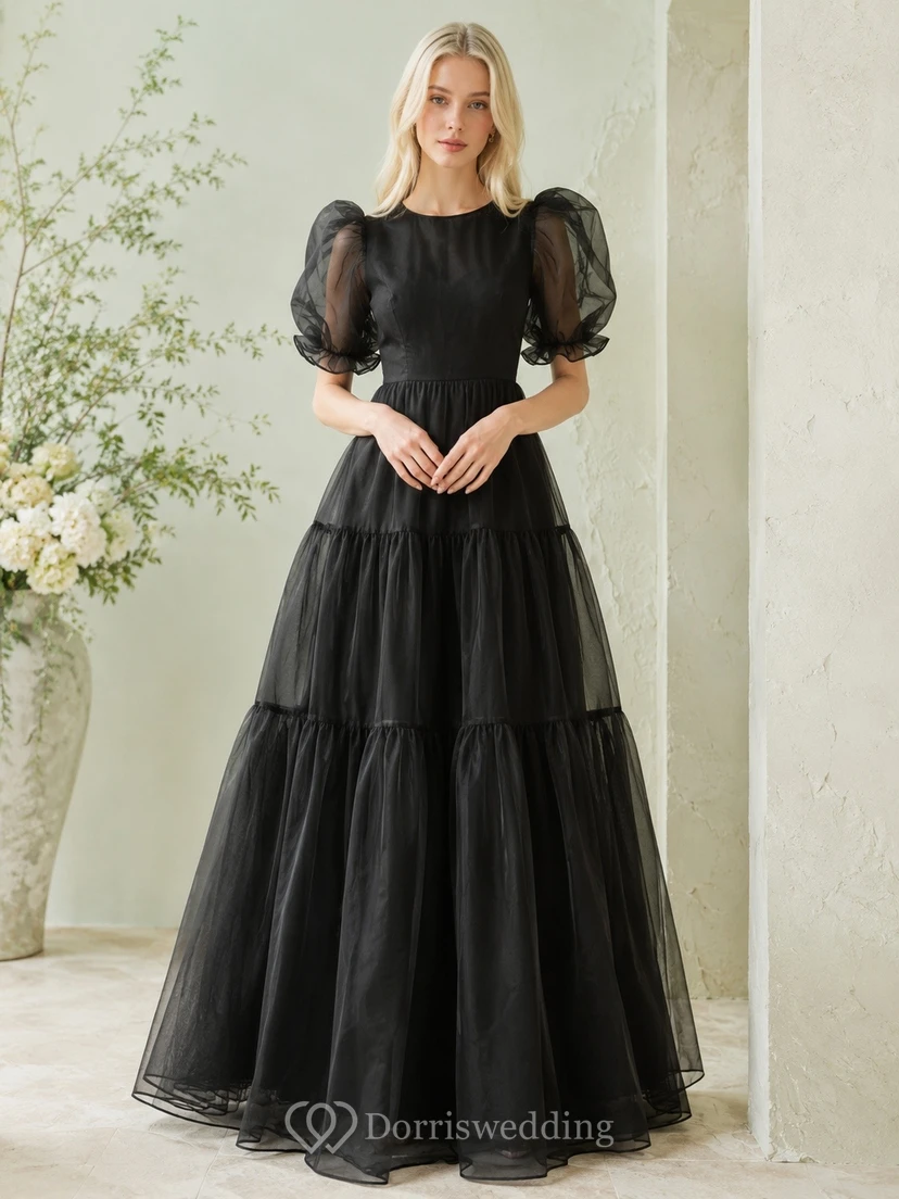 Black Tulle Square Neck Puff Sleeve Tiered A-Line Floor-length Dress