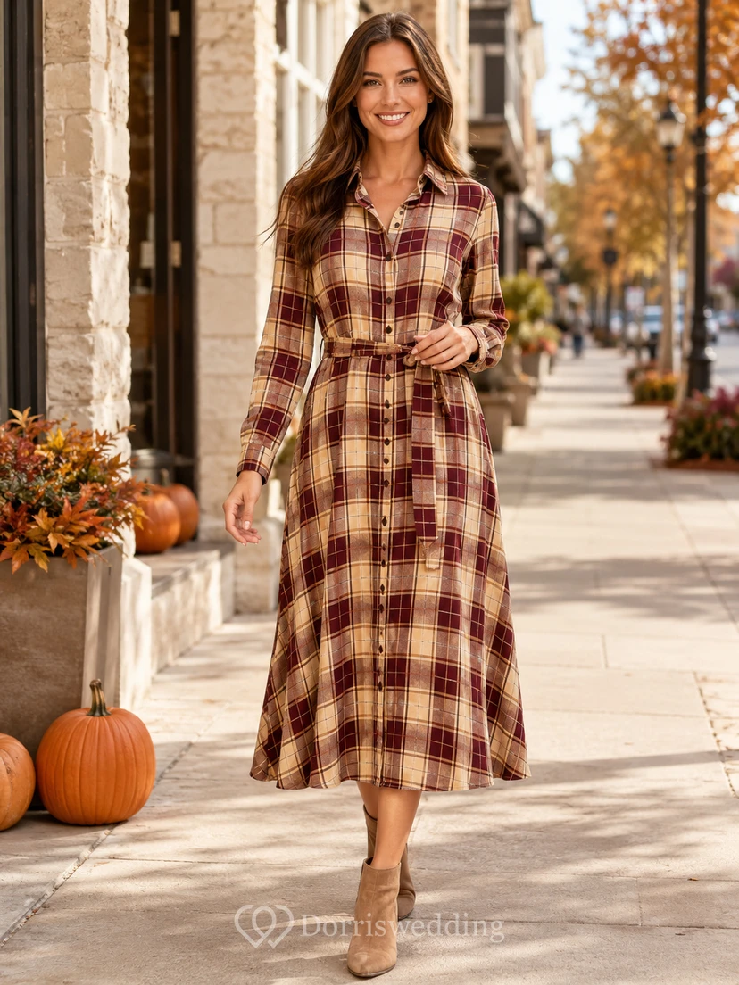 Vestido midi de manga larga con cuello camisero a cuadros burdeos para otoño