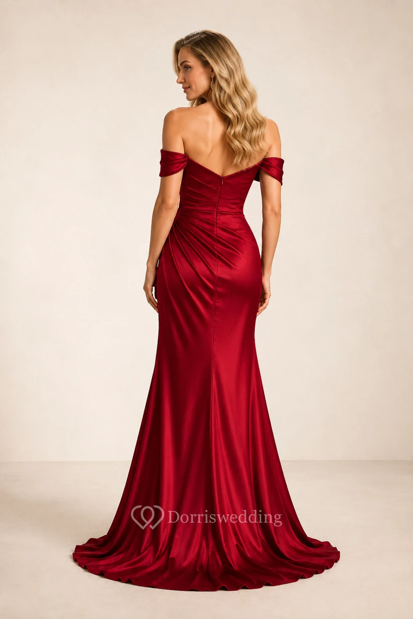 Evening Gown Red Satin Mermaid Off Shoulder Short Sleeve with Slit Sweep Train view 2