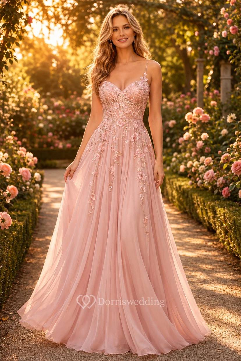 Ballkleid aus rosafarbener Spitze und Tüll, A-Linie, Spaghettiträger, Applikationen, bodenlang