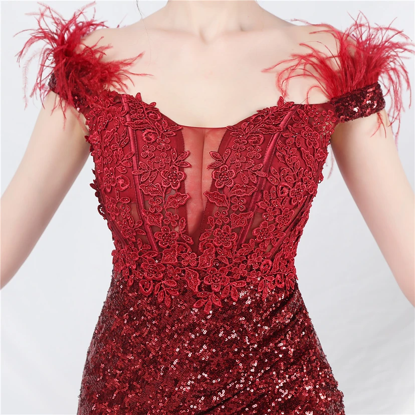 Vestido de noche de alta gama con chaleco de encaje de pelo de avestruz y diamantes, cintura de espina de pescado. view 18