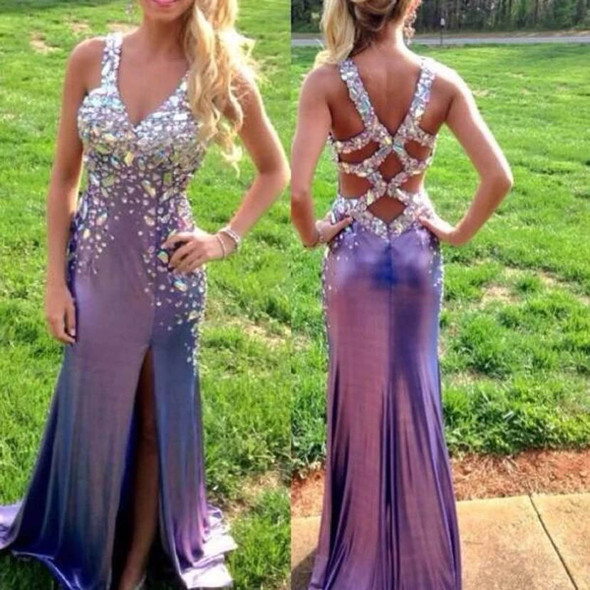 Sexy Crystal Beadings V-Neck Prom Gowns Front Spilt Evening Dresses view 2