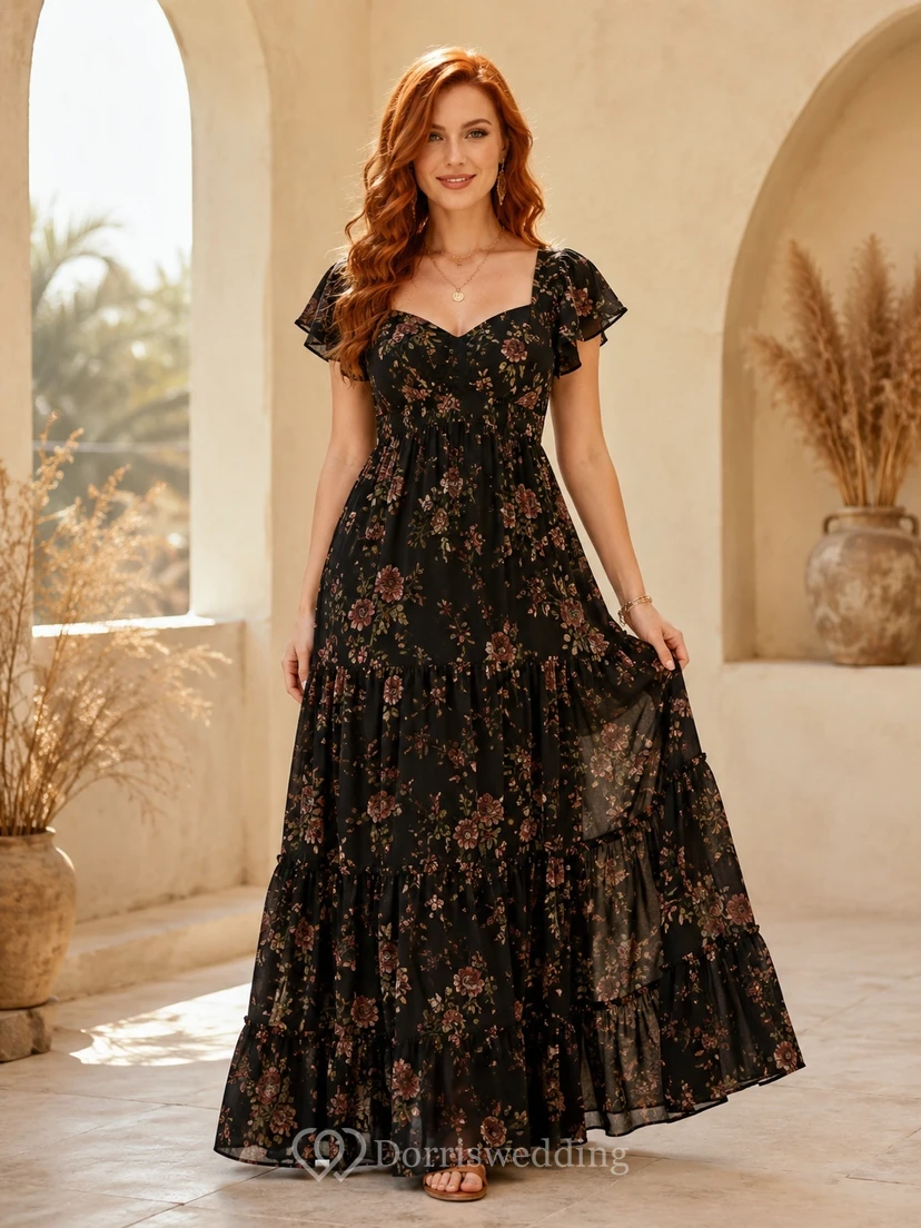 Vestido de invitada bohemio negro con estampado floral, cuello cuadrado, mangas con volantes y corte en A hasta el suelo.