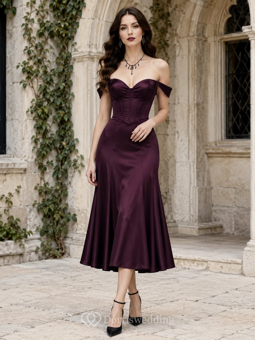 Vestido midi de satén con escote corazón y corsé, color ciruela, estilo sirena.