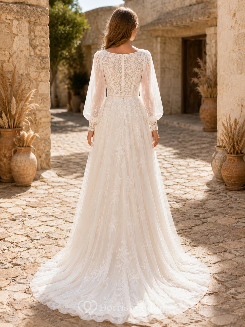 Modest Boho Square Neck Long Poet Sleeve Lace Tulle A-Line Sweep Train Wedding Gown view 2
