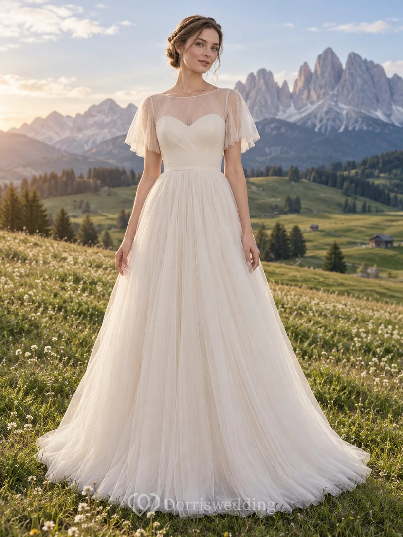 Vestido de novia romántico de corte A con escote joya, tul, mangas cortas y cola larga.