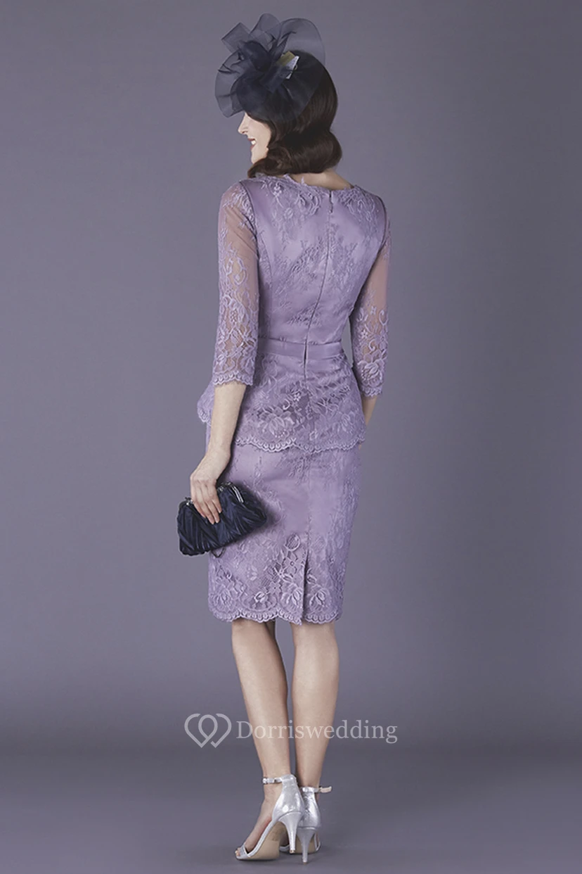 Satin 3/4 Illusion Sleeve Knee Length Pencil Mother Of The Bride Dress view 2