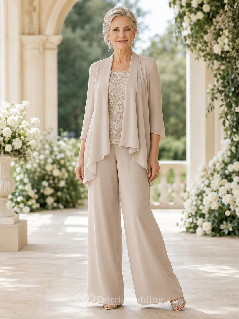 Champagnerfarbener, eleganter Hosenanzug für die Mutter der Braut, florale Spitze, Rundhalsausschnitt, Dreiviertel-Wasserfall-Chiffonjacke, Palazzo-Hose