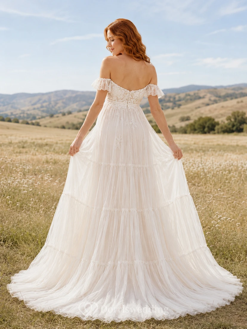 Boho Maternity Wedding Dress Off Shoulder Lace Bodice Tiered Tulle Gown view 2