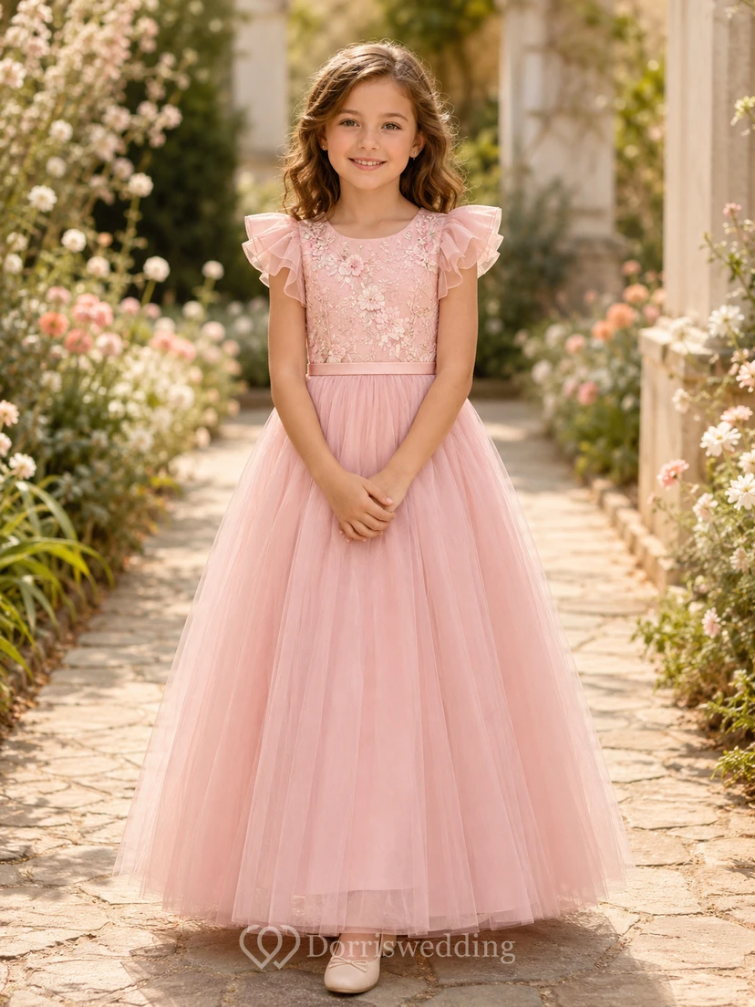 Flower Girl Dress Sage Tulle A-Line Jewel Neck Tea Length Pleated