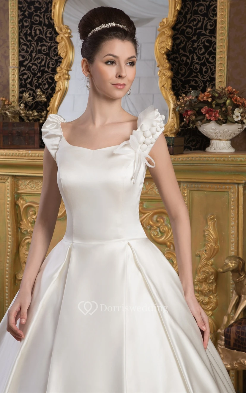 Caped-Sleeve A-Line Satin Ball-Gown With Epaulet view 7