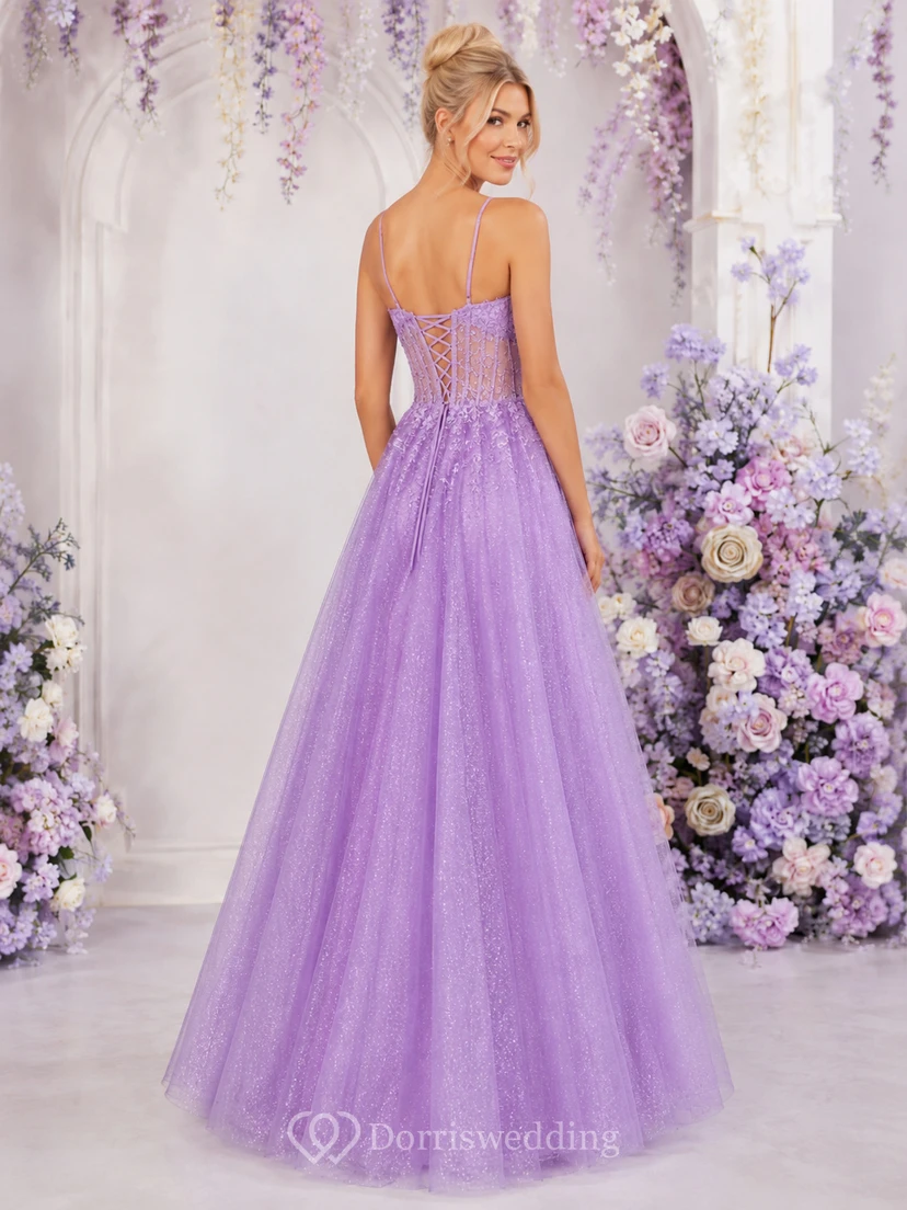 Romantisches lavendelfarbenes Pailletten-Abendkleid in A-Linie, bodenlang, Spaghetti-Spitze, Korsett view 2