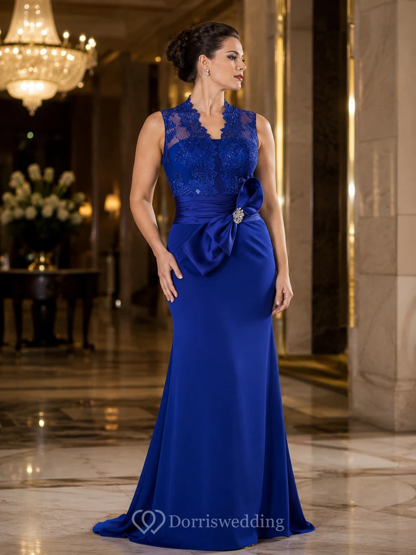 Sheath V-Neck Bowed Floor-Length Sleeveless Jersey&Lace Prom Dress With Appliques view 4
