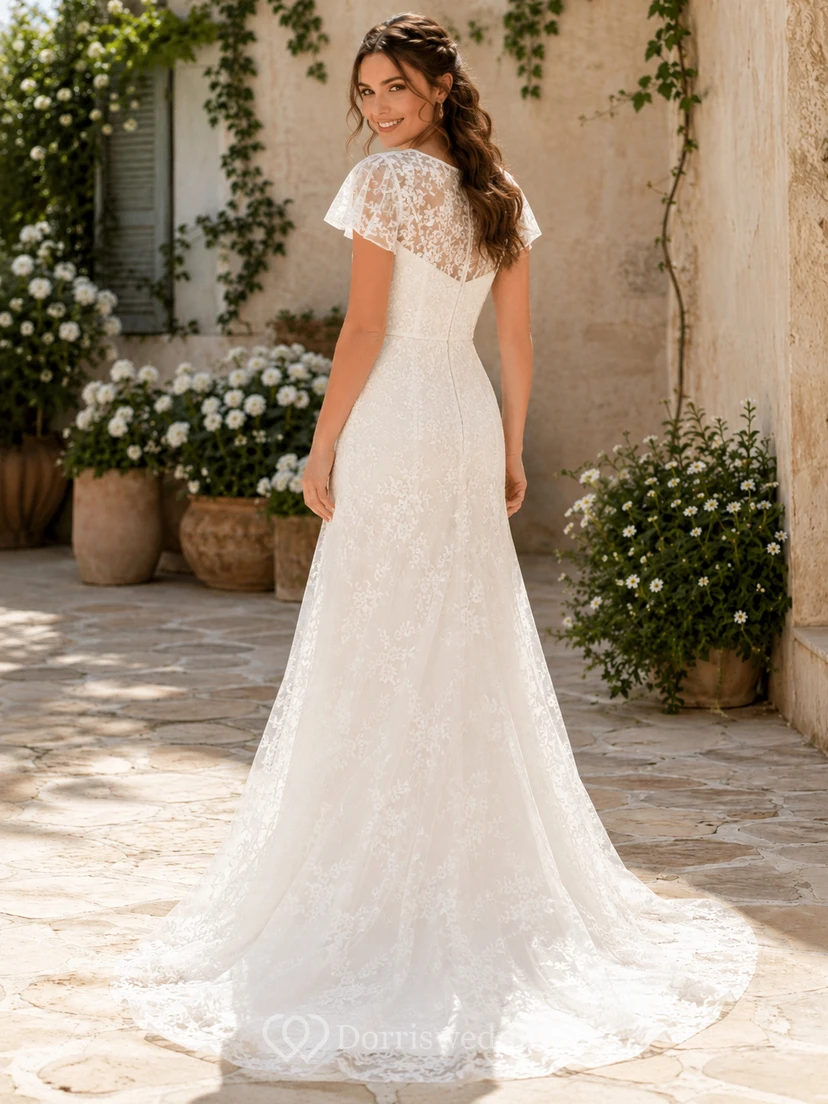 Elegant Allover Lace Wedding Sheath V Neck Illusion Cap Sleeves Train view 2