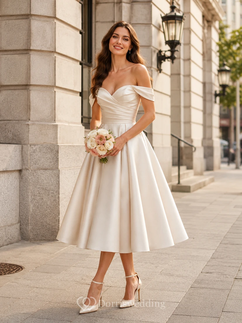 Elegante vestido de novia de satén de largo midi con hombros descubiertos, estilo juzgado.