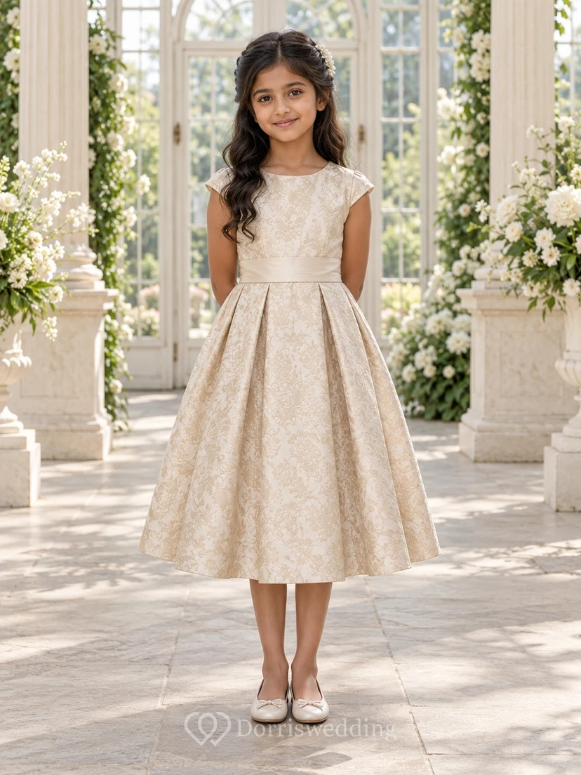 Tea-length Champagne Floral-textured A-line Cap-sleeve Pleated-skirt Bow-back Summer Flower Girl Dress