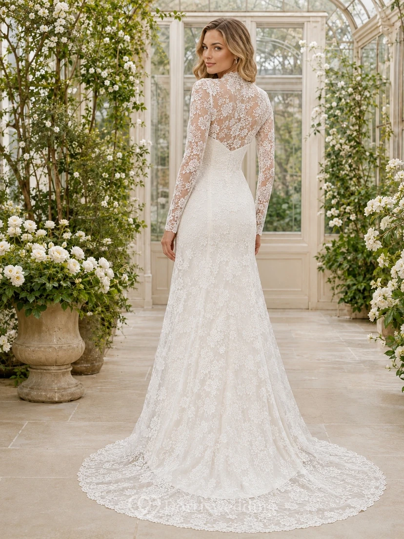 Square Romantic Neck Long Sleeve Bridal Classic Wedding Dress A-Line Lace view 2