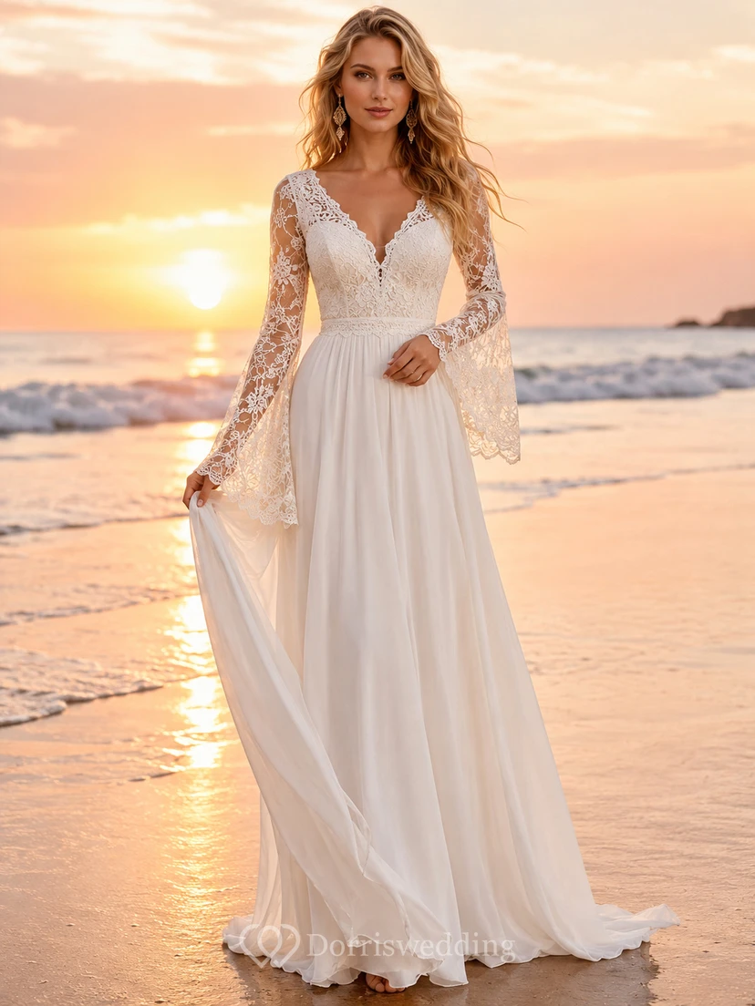 Boho Lace Sleeve Chiffon Beach Sunset Wedding Dress