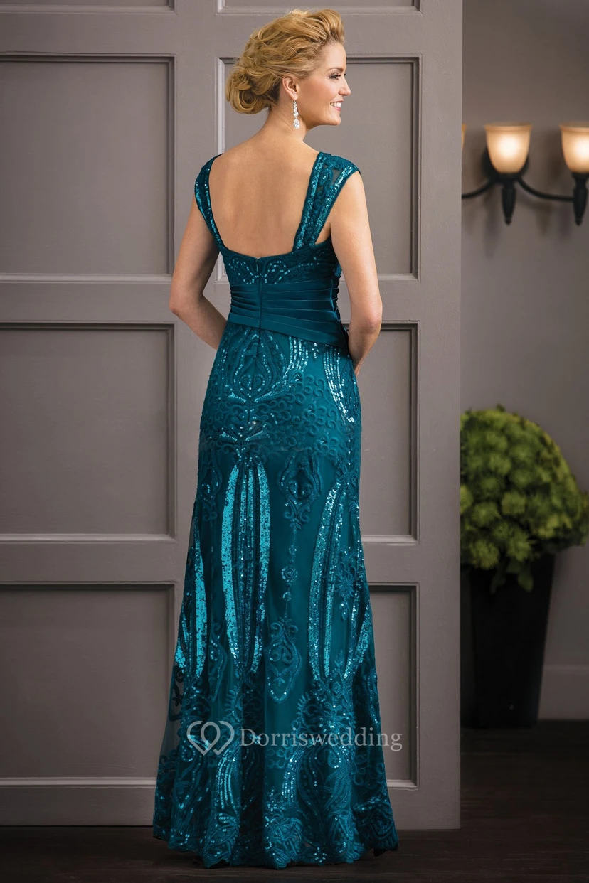 Cap-Sleeved Long Mother Of The Bride Dress With Sequins And Ruches view 2