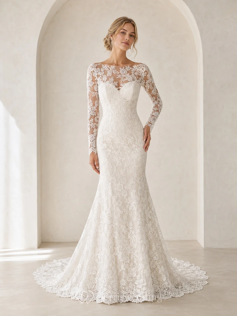 Boho-Hochzeitskleid, festlich, A-Linie, zweiteilig, mit Spitze und Schleppe