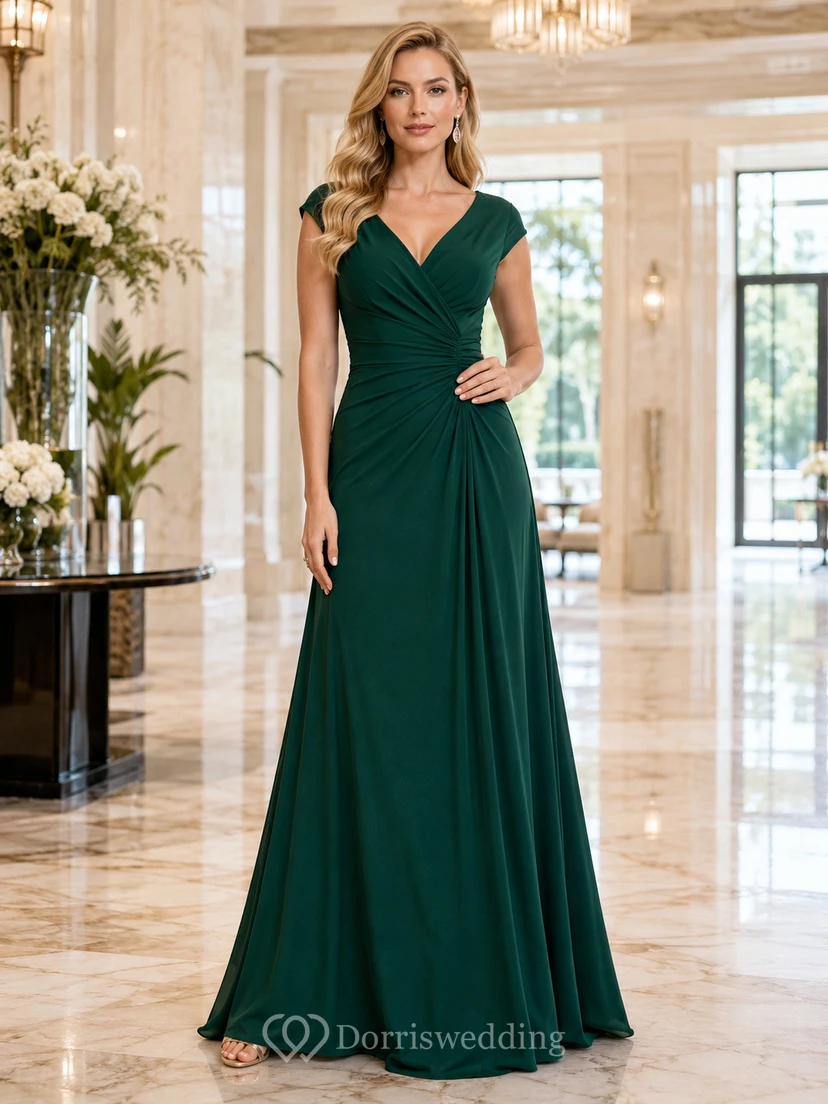Emerald V-Neck Ruched Waist Chiffon Formal Dress