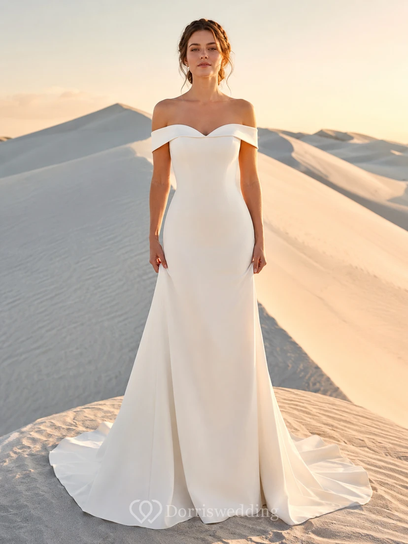 Robe de mariée sirène minimaliste en crêpe Dunes, épaules dénudées, style Dunes