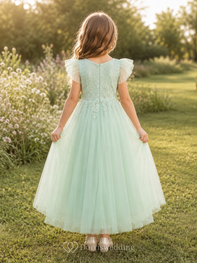 Mint Lace Bodice Tulle A-Line Flower Girl Dress with Short Sleeves, V-Neck and Tea-Length Skirt view 2