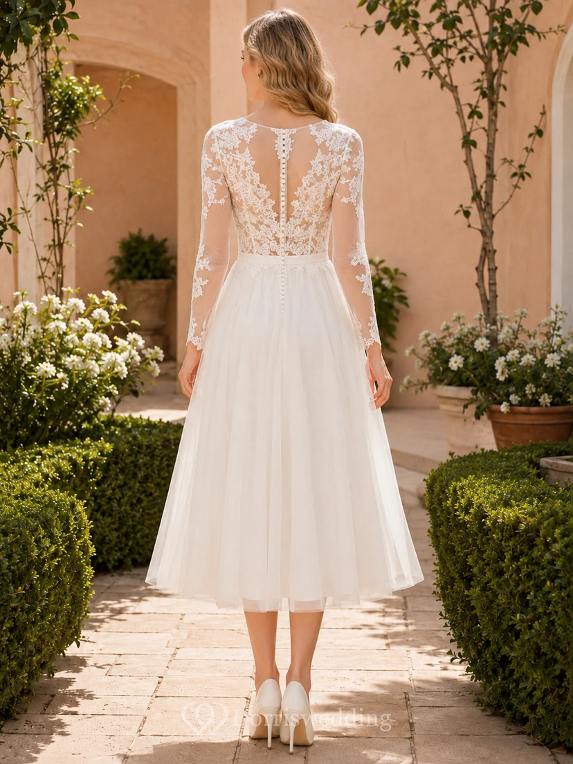 Romantic Civil Tulle A Line V Neck Long Lace Sleeve Tea Wedding Dress view 2