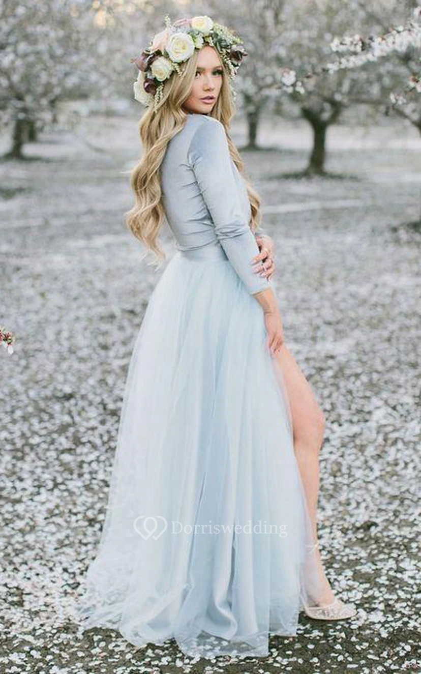 Bodenlanges, lässiges Abendkleid aus Jersey-Tüll in A-Linie mit langen Ärmeln und Falten view 2
