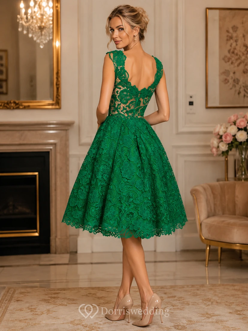 Cap Sleeve Scoop Neck A-line Knee Length Lace Dress view 2