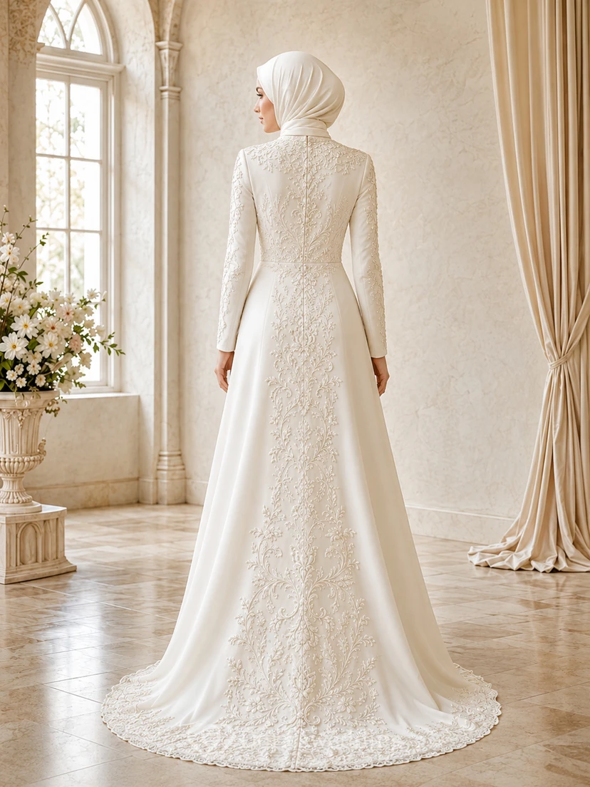 Schlichtes muslimisches, besticktes Etuikleid mit langen Ärmeln – Studio-Brautkleid view 2