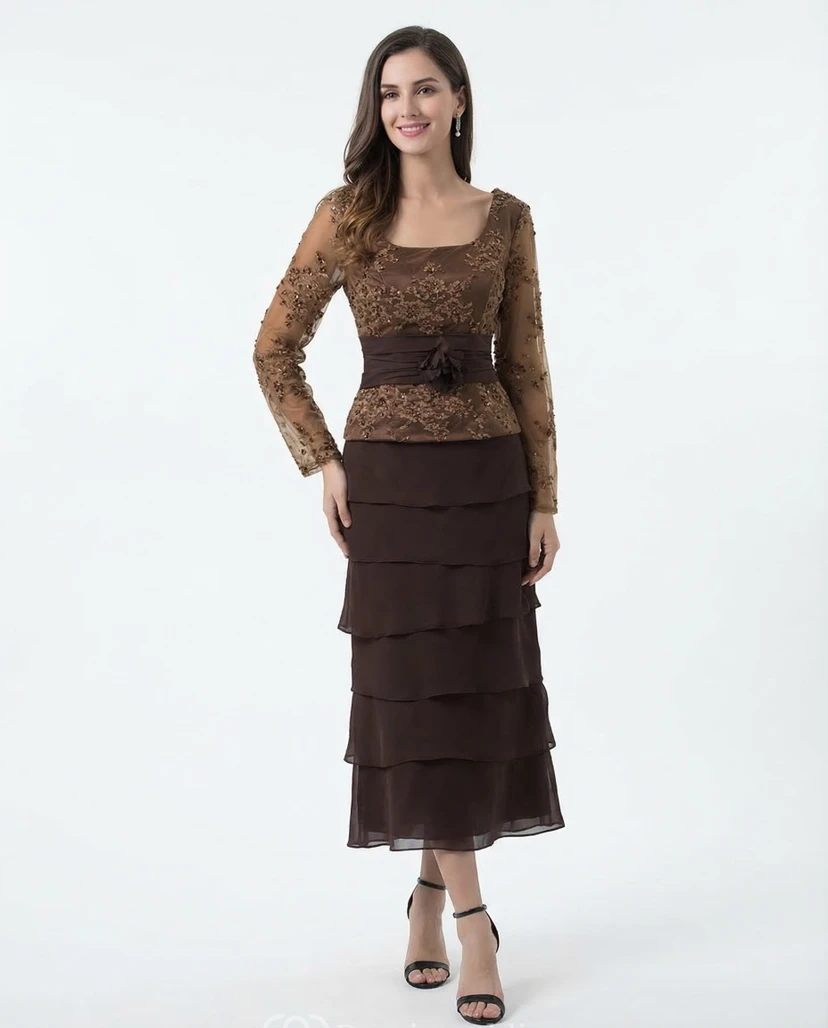 Square-Neck Tiered Gown with Lace Applique