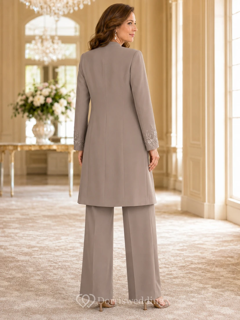 Taupe Mother Jumpsuit with Square Neck Long Formal Jacket and Wide Leg Pants view 2