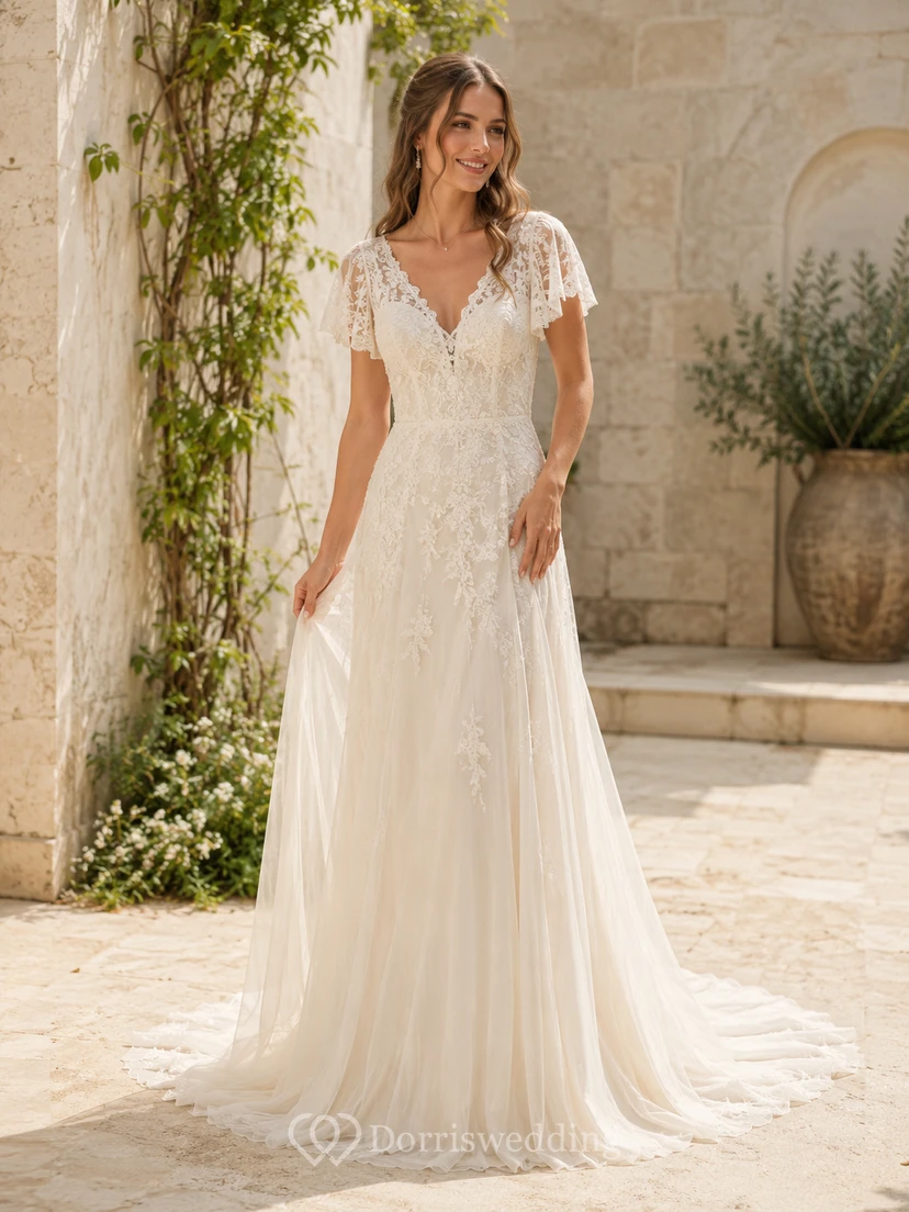 Brautkleid mit V-Ausschnitt, flatternden Ärmeln, Chiffonspitze und A-Linien-Schnitt